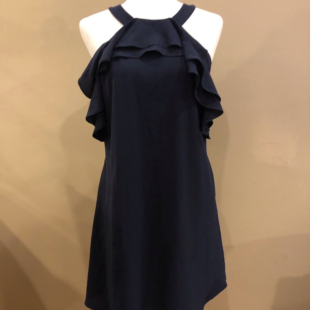 Davi & Dani Blue Halter Dress with Ruffle, Size S
